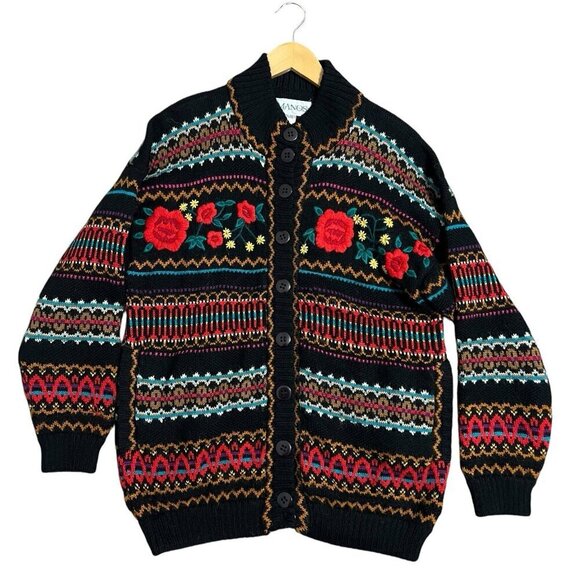 Manos Alpaca Men Cardigan Sweater Size S Floral Embroidered Button Down Front - Picture 1 of 11